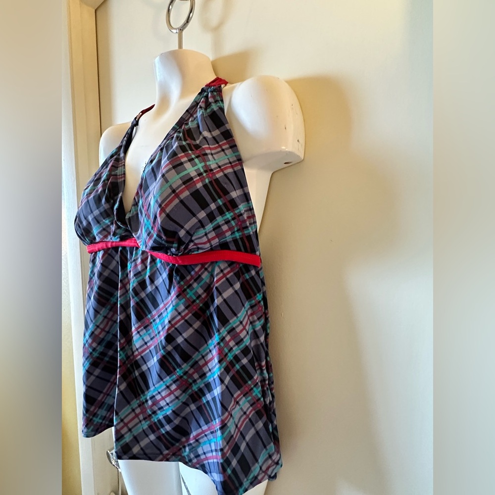 Torrid Vintage Black & Red Plaid Halter Style Bathing / Swim Suit Tankini Top. - Picture 3 of 8